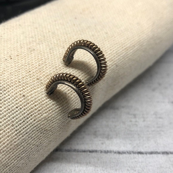 Vintage sterling silver 925 and brass mesh wire textured half hoop earrings. - Picture 1 of 7